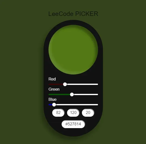 پنل انتخاب رنگ LeeCode با اسلایدرهای RGB و کد hex